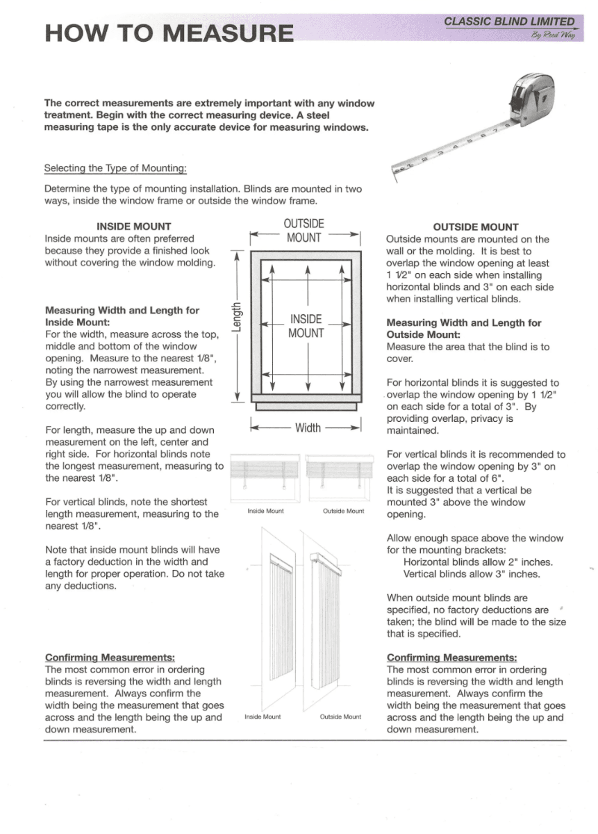 Window measuring guide with width, height, inside mount, and outside mount instructions