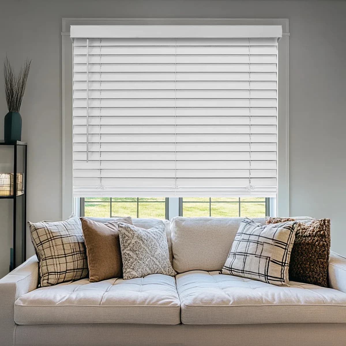 Installed faux wood blinds in a family living space